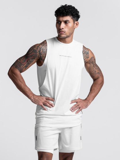 Men's sports trendy brand loose big slit solid color sleeveless quick-drying vest