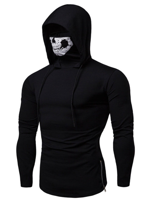 Men's new fitness cycling elastic mask skull print hooded pullover long-sleeved T-shirt