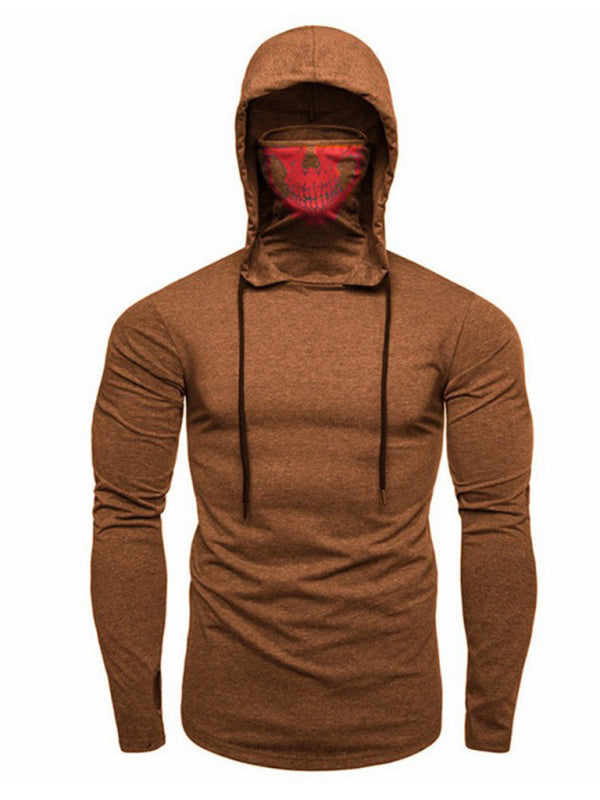 Men's new fitness cycling elastic mask skull print hooded pullover long-sleeved T-shirt