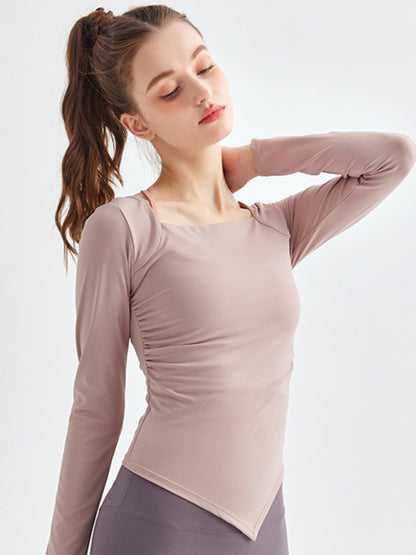 New square collar irregular hem sports long-sleeved quick-drying running fitness yoga clothing