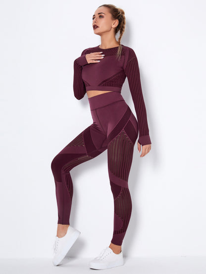 Seamless tight striped long-sleeved pants quick-drying yoga wear sportswear set