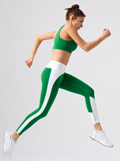 Eco-friendly recycled fabric contrast color yoga pants outdoor running and fitness leggings