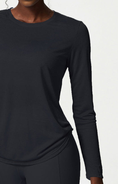 Women's Round Neck Curved Hem Long Sleeve Sports Top Quick Dry Breathable Yoga Cover Up