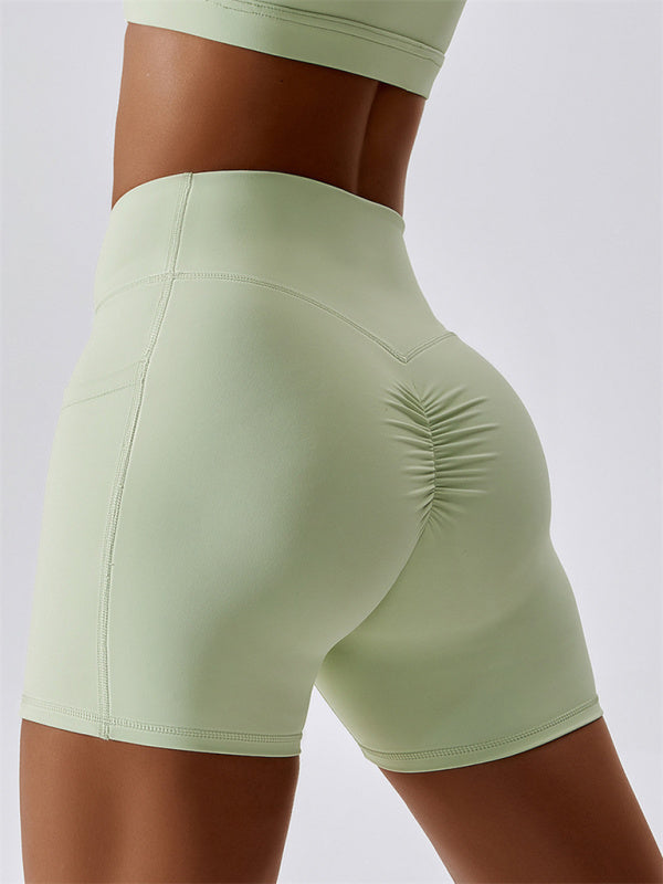 Women's Naked Hip Pocket Crossover Waist Leggings Sports Shorts