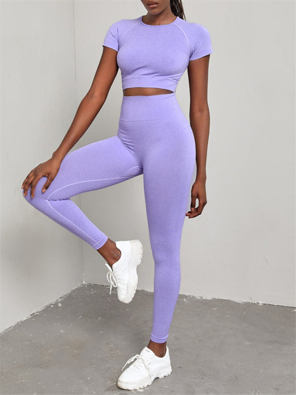 Women's Solid Color Seamless Exercise Yoga Short Sleeve + Pants Two-Piece Suit